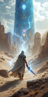 The primary subject of the image is a person, likely a warrior or a mage, standing in a desert-like environment. They are holding a sword and appear to be facing a towering structure, possibly a castle or a temple. The setting is a rocky landscape with a mountainous backdrop, giving the scene a dramatic and adventurous atmosphere. The visual style of the image is digital art, which adds to the overall mood of the scene. The dominant colors in the image are earth tones, such as brown